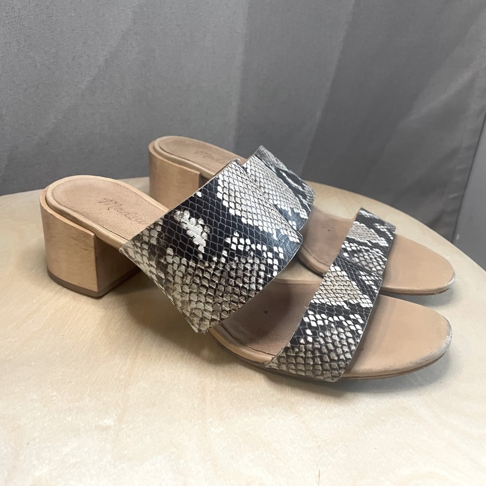 MADEWELL Snakeskin slider summer sandal with block heel, Size 8.